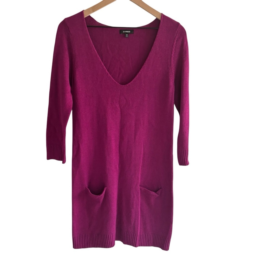 Express Wool Blend Sweater Dress Medium Fuschia Pullover 3/4 Sleeve Pockets
